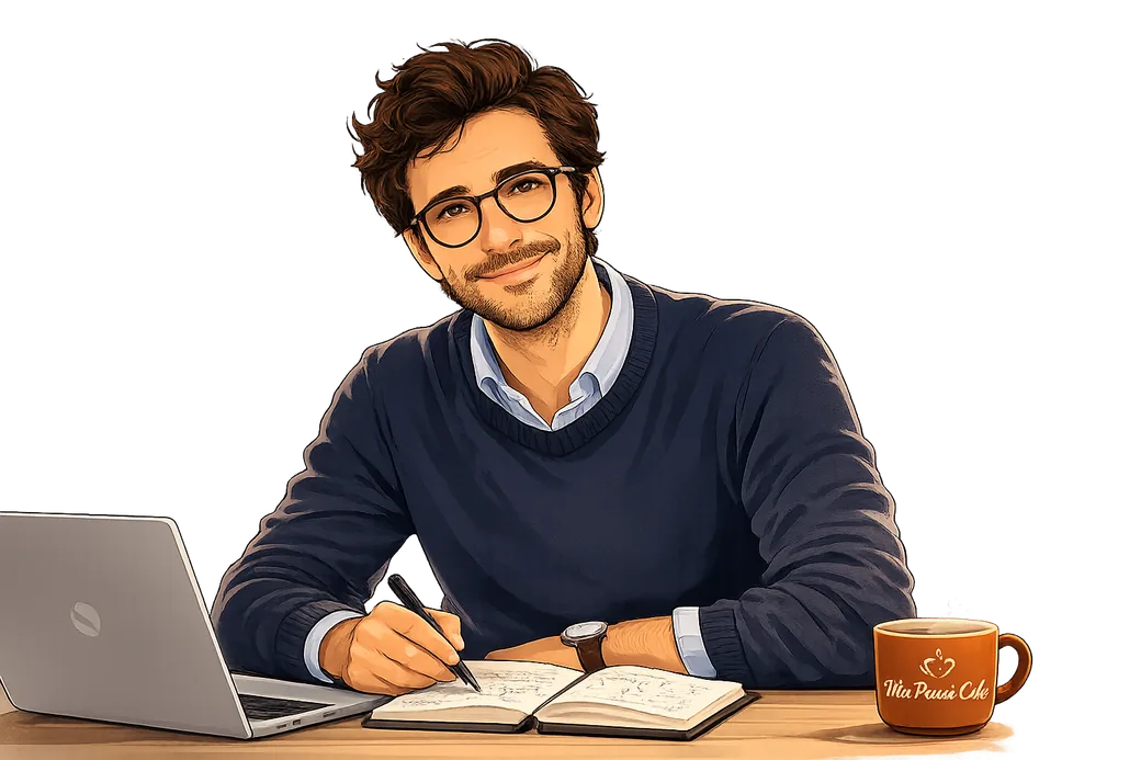 Enzo à son bureau, carnet ouvert, café Ma Pause Café